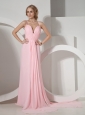 Customize Baby Pink Prom Dress With Halter Neckline Brush Train Chiffon
