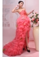 Hand Made Flowers and Ruffles Decorate Bocide Spaghetti  Straps High-low Watermelon Red  Prom Dress
