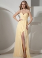 Light Yellow High Slit and Beaded Decorate Waist Prom Dress