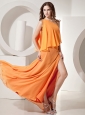 Orange Red One Shoulder Empire Prom Dress Floor-length Chiffon Beading