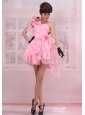 Pink One Shoulder A-line Mini-length Hand Made Flowers Stylish Customize Prom Gowns