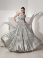 Pleat Decorate Halter Neckline Silver Prom Dress
