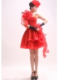Red One Shoulder Handle-Made Flowers Organza A-Line / Princess Mini-length Prom Dress