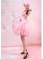 Ruffles One Shoulder A-Line / Princess Organza Mini-length Pink Prom Dress