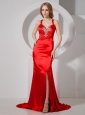 Sexy Red Slit Prom Dress With Beaded Decorate With Brush Train