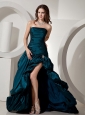 Turquoise High Slit Beading Strapless Brush Train Taffeta Pick-ups and Ruch 2013 Prom / Evening Dress