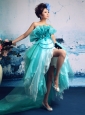 Turquoise Organza Hand Made Flowers Strapless Stylish 2013 Celebrity Prom Gowns