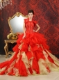 2013 Ruffled Appliques With Beading For Red and Champagne Quinceanera Dress With Jacket Chapel Train