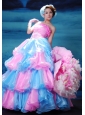 A-Line / Princess Pink and Aqua Blue Organza Floor-length Strapless Beading Prom Dress