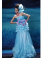 Appliques With Beading Decorate Bust Bowknot Ruffled Layers Strapless Floor-length Aqua Blue 2013 Prom / Evening Dress