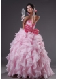 Beaded Decorate Strapless Bowknot Ruffles Floor-length Baby Pink 2013 Quinceanera Dress