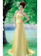 Beading Chiffon A-Line Yellow Court Train Strapless Prom Dress