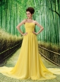 Beading Empire Yellow Chiffon Watteau Strapless Prom Dress
