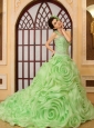 Beading Rolling Flowers One Shoulder A-Line Organza Chapel Train Spring Green Quinceanera Dress