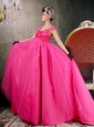 Beautiful V-neck Cap Sleeves Hot Pink 2013 Prom Dress With Hand Made Flowers