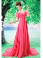 Bubble Sleeve Coral Red Beaded V-neck Chiffon Stylish Custom Made Prom Gowns