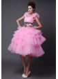 Columbus Hand Made Flowers Decorate Straps and Waist Organza and Tulle Ruffled Layers Pink For 2013 Prom / Cocktail Dress