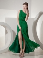 Dark Green Prom Dress One Shoulder High Slit Empire Chiffon Beading