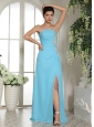 Empire High Slit Baby Blue 2013 Prom Dress With Ruch and Appliques