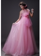 Hand Made Flower Decorate Bust Tulle Baby Pink Beading Floor-length Prom / Evening Dress For 2013