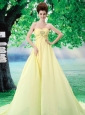 Light Yellow Simple Sweetheart Chiffon A-Line Court Train Prom Dress