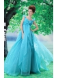 Off Shoulder Neckline Aqua Blue A-line Organza Custom Made 2013 Prom Gowns With Court Train