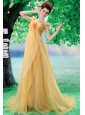 Off Shoulder Neckline Gold A-line Organza Custom Made 2013 Prom Gowns With Court Train
