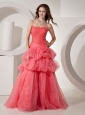 Organza Coral Red For 2013 Prom Dress With Embroidery Bodice and Hand Made Flowers