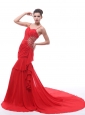 Spaghetti Straps Red Beaded Decorate and Ruch 2013 Prom Dress With Court Train