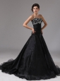 Sweetheart Black Organza Prom Dress With Brush Train Beaded Decorate