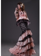 Whitefish Mermaid Light Pink and Black Taffeta and Lace Appliques Brush Train Ruffled Layers 2013 Prom / Evening Dress