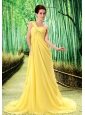 Yellow One Shoulder Prom Dress Appliques and Ruch