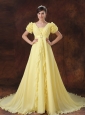 Yellow Square Short Sleeves Flowers Decorate Prom Dress