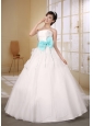 Aqua Blue Bow Sash Decorate On Waist Custom Made Strapless Neckline Ball Gown Organza Wedding Dress