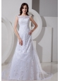 Bateau Neck Lace Appliques Decorate Waist A-line Custom Made Wedding Dress