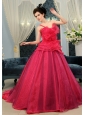 Coral Red A-line Organza Hand Made Flowers One Shoulder Court Train Custom Made Wedding Dress