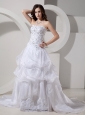 Customize Stylish Appliques Organza Strapless Chapel Train Wedding Dress