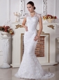 Lace Decorate Bodice Mermaid V-neck Brush Train 2013 Wedding Dress For Modest Style