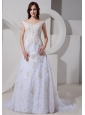 Lace White Off The Shoulder Neckline Brush Train Wedding Dress With Appliques Decorate