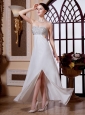 Strapless High Slit Beaded Chiffon Bowknot Stylish Custom Made Prom Gowns
