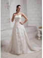 Straps Square Lace Wedding Dress With Chapel Train Satin For Customize
