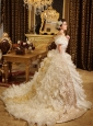 2013 Custom Made Luxurious Off The Shoulder Appliques and Ruffles For Wedding Dress Chapel Train