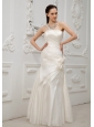 Beaded Decorate Bust and One Shoulder Bowknots Taffeta Floor-length Wedding Dress For Modest Style