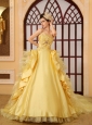 Beading Organza A-Line Strapless Cathedral Train Yellow Wedding Dress