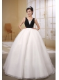 Custom Made Black and White Ball Gown Wedding Dress With V-neck Neckline Floor-length