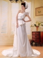 Gorgeous Beaded Decorate Waist One Shoulder Wedding Dress With Chapel Train Clasp Handle