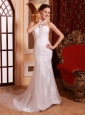 High Neck Tulle Court Train Beaded Wedding Dress Stylish Custom Made