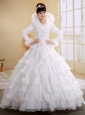 Imitated Feather and Ruffled Layers Decorate Wedding Dress With Long Sleeves High-neck