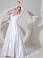 Lace Decorate Bodice A-line Satin V-neck Court Train 3/4 Sleeves 2013 Wedding Dress