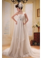 One Shoulder Beaded and Ruch Decorate Waist With Watteat Train Wedding Dress